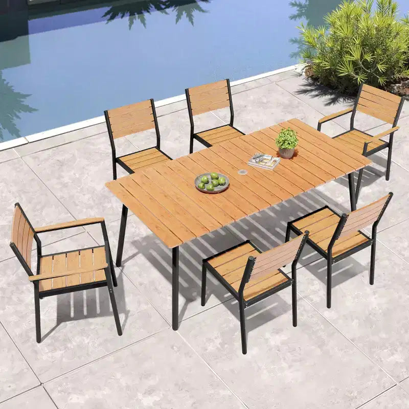 Crestlive Products 7pc Aluminum Patio Dinning Set 72in Table and 6 Chairs Plastic Wood Top with Umbrella Hole for Outdoor Pool Lawn