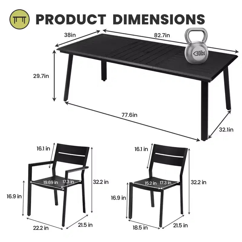 Crestlive Products 7pc Aluminum Patio Dinning Set 82.7in Table and 6 Chairs Aluminum Table Top Black for Outdoor Pool Lawn