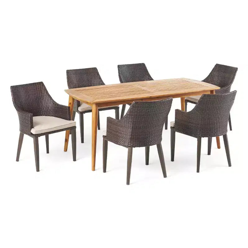 Christopher Knight Home Axel Outdoor Wicker and Acacia Wood 7 Piece Dining Set with Cushion, Teak/Multibrown
