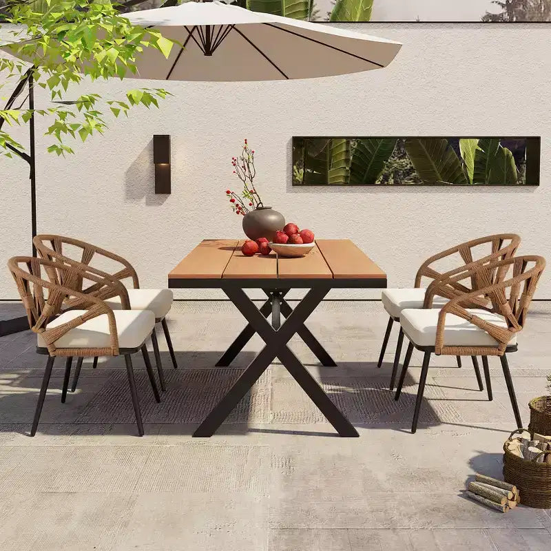 Whisen Contemporary Outdoor Set with PE Rattan Chairs and Plastic Wood Table,Suitable for Gardens and Lawns