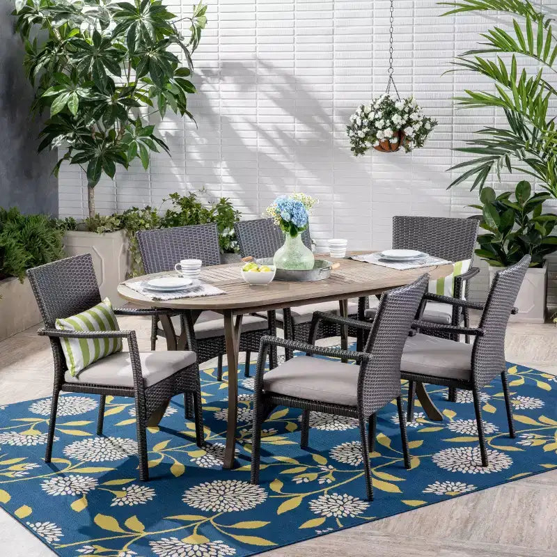 Christopher Knight Home Klondike Outdoor Acacia Wood and Wicker 7 Piece Dining Set with Cushions