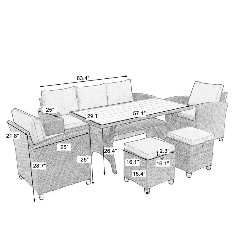 GDFStudio Gary – Ensembles de salle à manger d'extérieur 6 pièces en rotin synthétique et acier rembourré