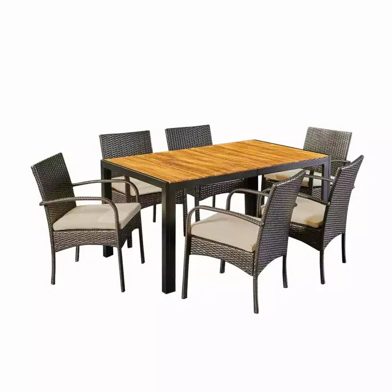 Christopher Knight Home Sere Outdoor Acacia Wood and Wicker 7 Piece Dining Set with Cushion, Brown/Cream