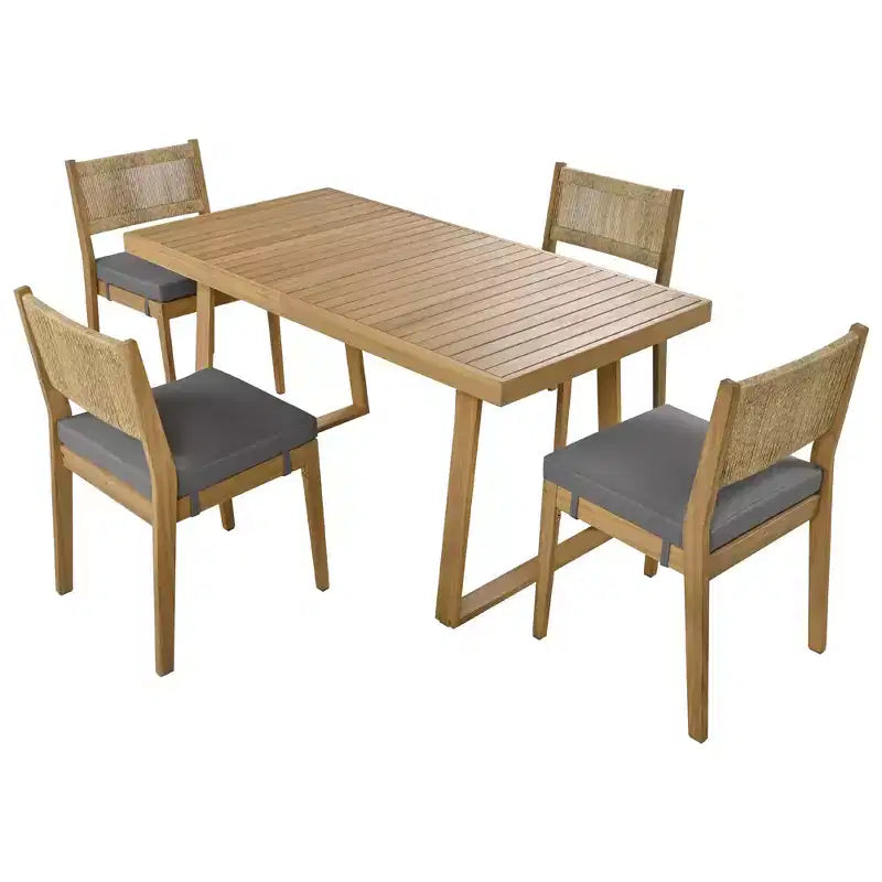 Whisen Multi-person Outdoor Acacia Wood Dining Table and Chair Set, Thick Cushions, Suitable for Balcony, Vourtyard, and Garden