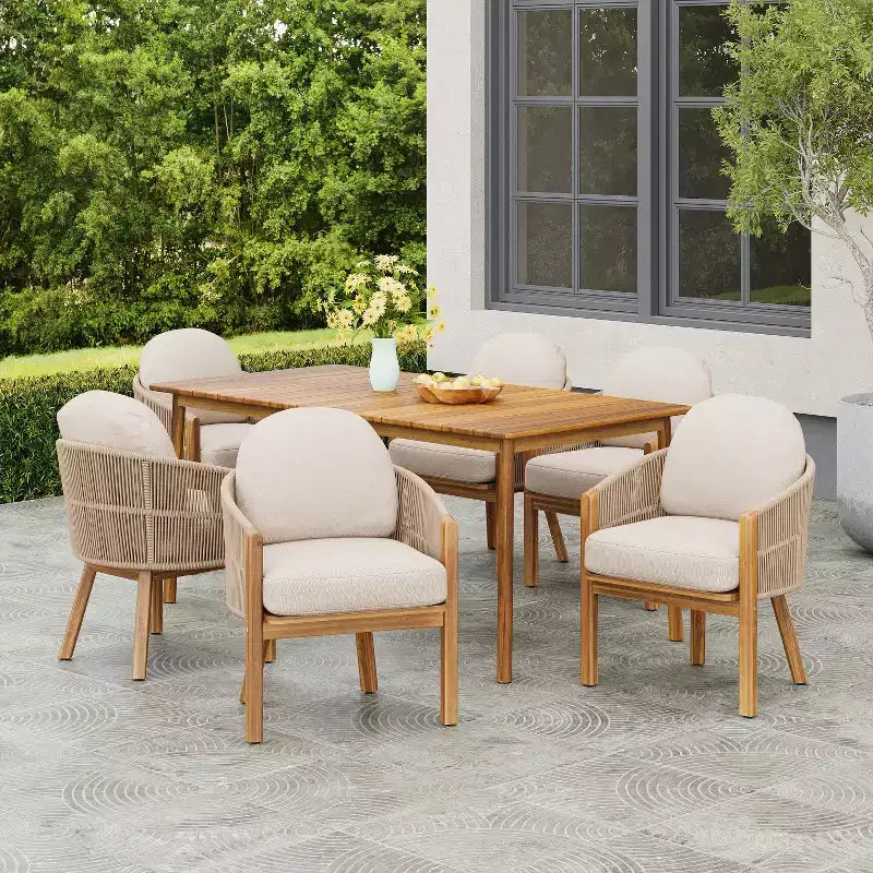 Ensemble de salle à manger d'extérieur 7 pièces en bois d'acacia et corde avec coussins Christopher Knight Home Charles