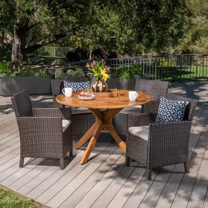 Christopher Knight Home Wes Outdoor Acacia Wood and Wicker 5 Piece Dining Set with Cushion