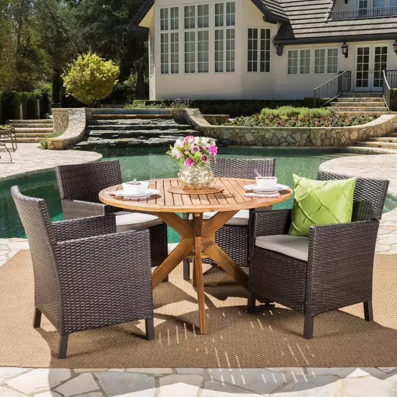 Christopher Knight Home Wes Outdoor Acacia Wood and Wicker 5 Piece Dining Set with Cushion