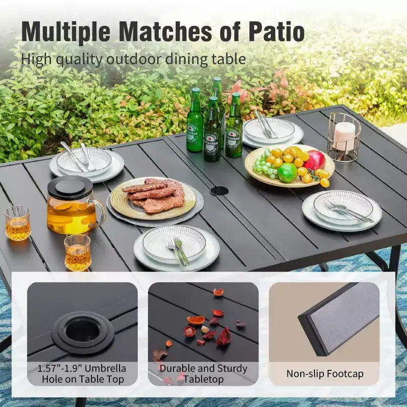 Captiva Designs 8pc Outdoor Dining Rectangle Steel Table & Padded Sling Armchairs & Market Umbrella