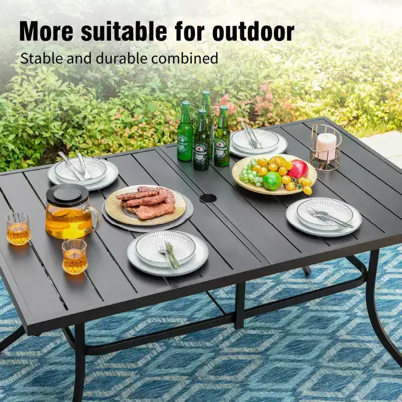 Captiva Designs 8pc Outdoor Dining Rectangle Steel Table & Padded Sling Armchairs & Market Umbrella