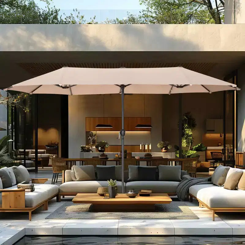 Captiva Designs 8pc Outdoor Dining Rectangle Steel Table & Padded Sling Armchairs & Market Umbrella