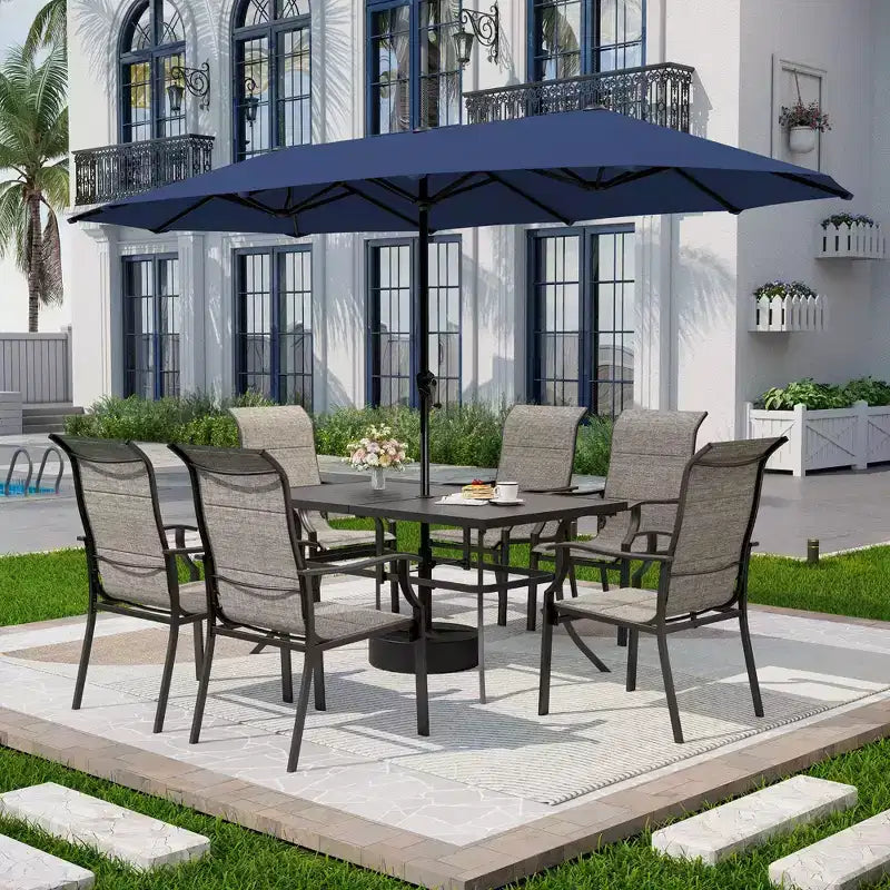 Captiva Designs 8pc Outdoor Dining Rectangle Steel Table & Padded Sling Armchairs & Market Umbrella