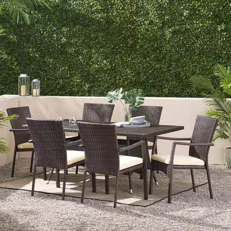 Ensemble de salle à manger d'extérieur 7 pièces en osier avec coussin Christopher Knight Home Thompson