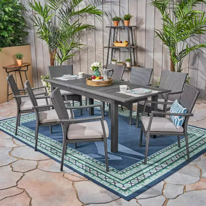 Christopher Knight Home Davenport Outdoor Acacia Wood and Wicker 9 Piece Expandable Dining Set with Cushion