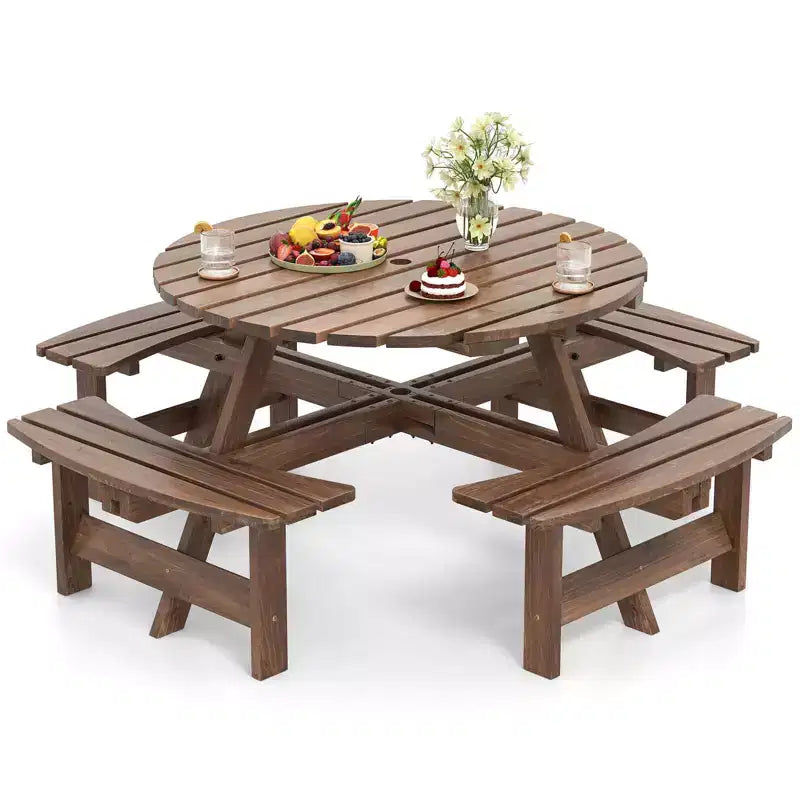 Costway Table de pique-nique ronde 8 places avec 4 bancs intégrés 2 trous pour parasol, Marron/Jaune