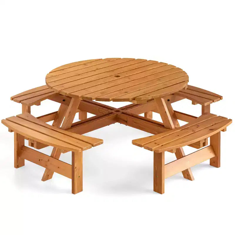 Costway Table de pique-nique ronde 8 places avec 4 bancs intégrés 2 trous pour parasol, Marron/Jaune