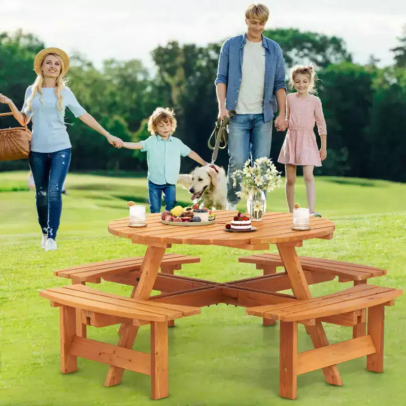 Costway Table de pique-nique ronde 8 places avec 4 bancs intégrés 2 trous pour parasol, Marron/Jaune
