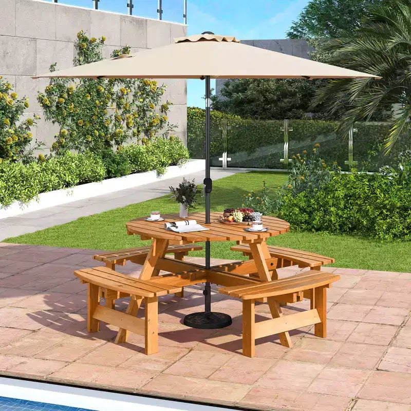 Costway Table de pique-nique ronde 8 places avec 4 bancs intégrés 2 trous pour parasol, Marron/Jaune