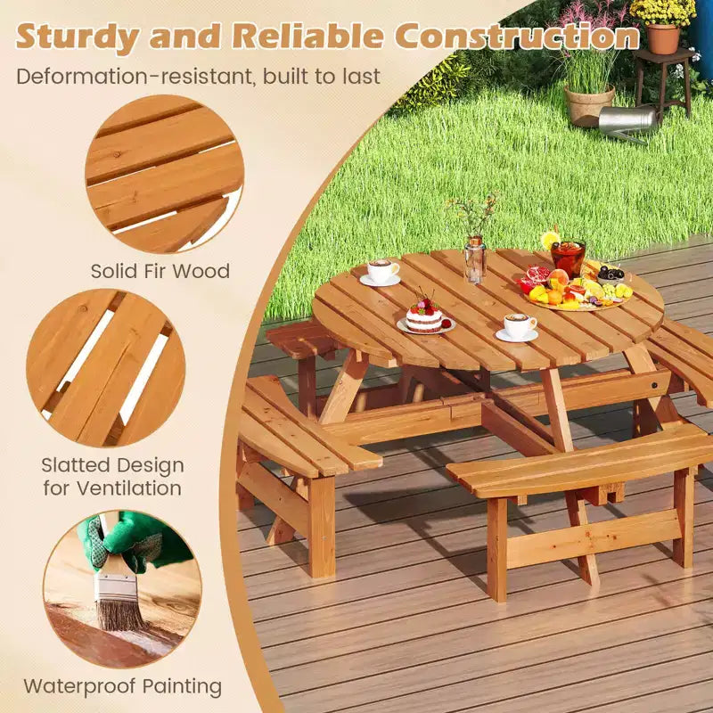 Costway Table de pique-nique ronde 8 places avec 4 bancs intégrés 2 trous pour parasol, Marron/Jaune