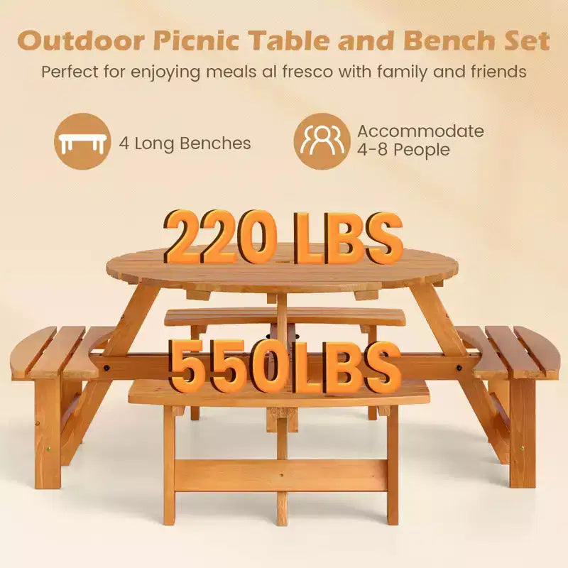 Costway Table de pique-nique ronde 8 places avec 4 bancs intégrés 2 trous pour parasol, Marron/Jaune
