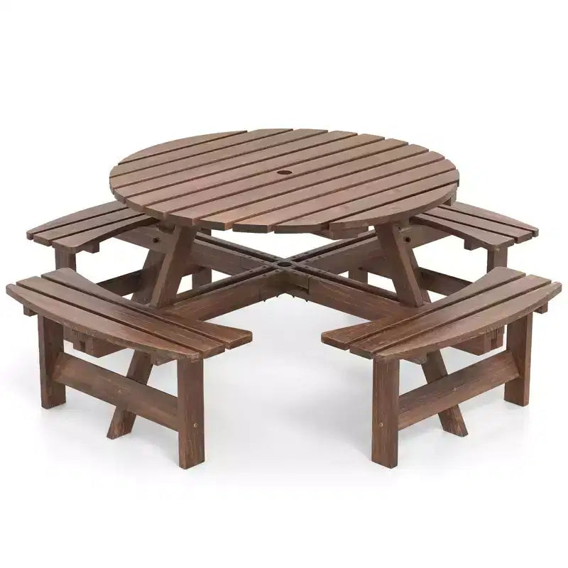 Costway Table de pique-nique ronde 8 places avec 4 bancs intégrés 2 trous pour parasol, Marron/Jaune