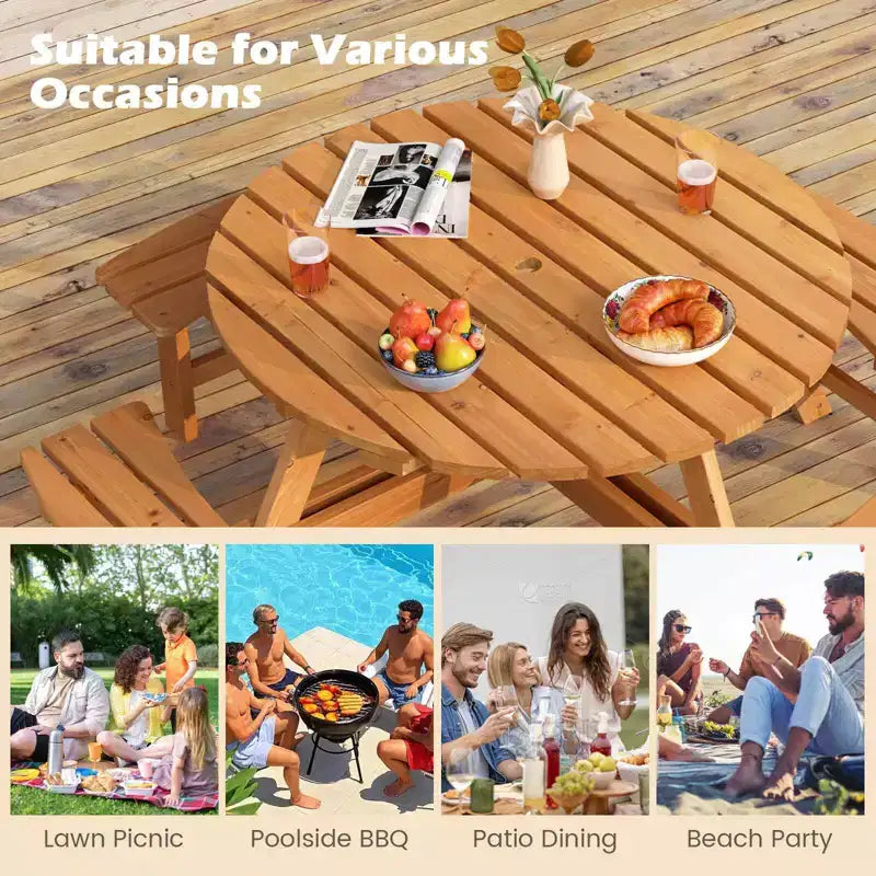 Costway Table de pique-nique ronde 8 places avec 4 bancs intégrés 2 trous pour parasol, Marron/Jaune