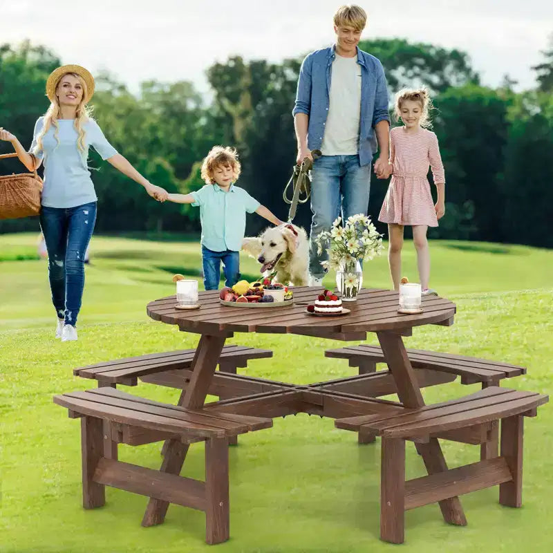 Costway Table de pique-nique ronde 8 places avec 4 bancs intégrés 2 trous pour parasol, Marron/Jaune