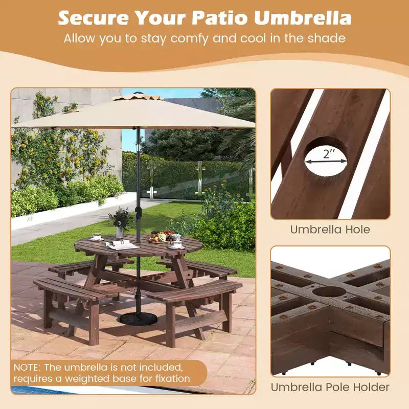 Costway Table de pique-nique ronde 8 places avec 4 bancs intégrés 2 trous pour parasol, Marron/Jaune