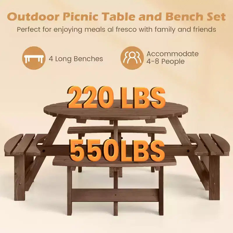 Costway Table de pique-nique ronde 8 places avec 4 bancs intégrés 2 trous pour parasol, Marron/Jaune