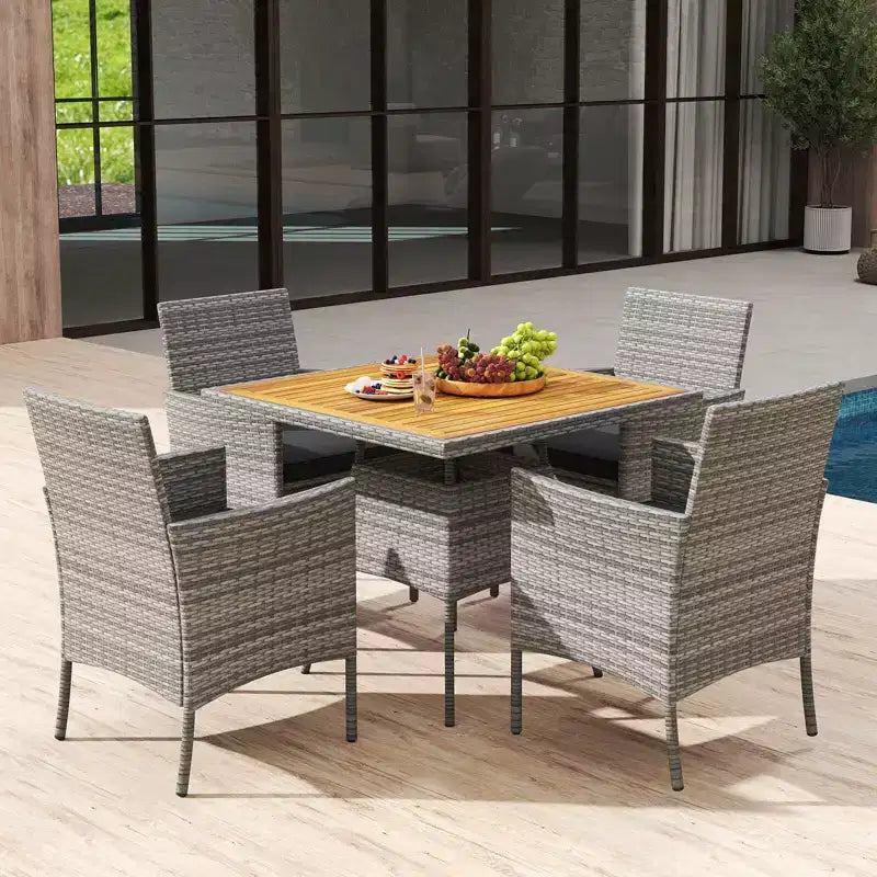 Costway 5 Pieces PE Wicker Patio Dining Set with Cushions and 1.97 Umbrella Hole