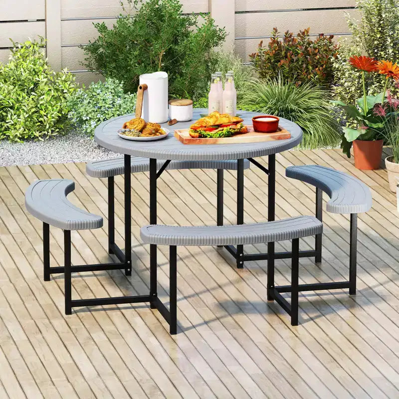 Costway Round Picnic Table Bench Set with 4 Benches Umbrella Hole All Weather Tabletop White/Green/Gray/Black