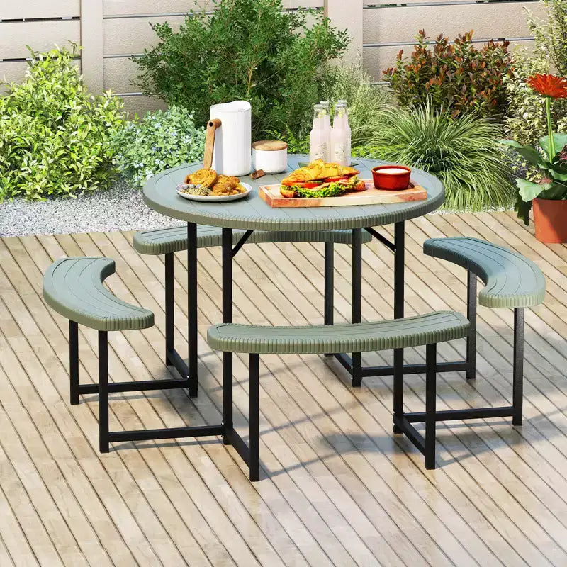Costway Round Picnic Table Bench Set with 4 Benches Umbrella Hole All Weather Tabletop White/Green/Gray/Black