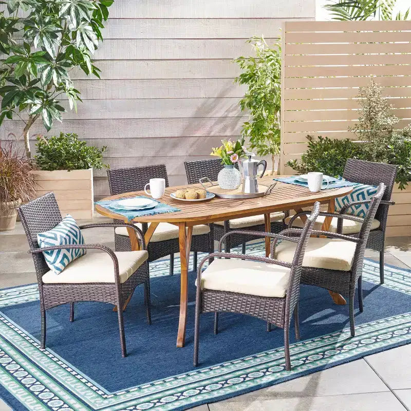 Christopher Knight Home Mason Outdoor Acacia Wood and Wicker 7 Piece Dining Set with Cushions
