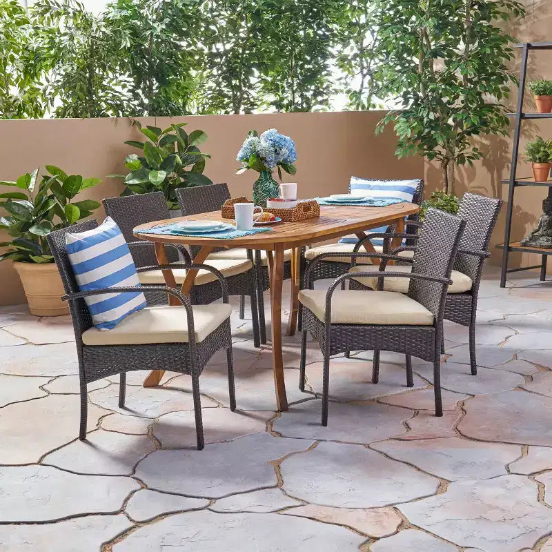 Christopher Knight Home Mason Outdoor Acacia Wood and Wicker 7 Piece Dining Set with Cushions