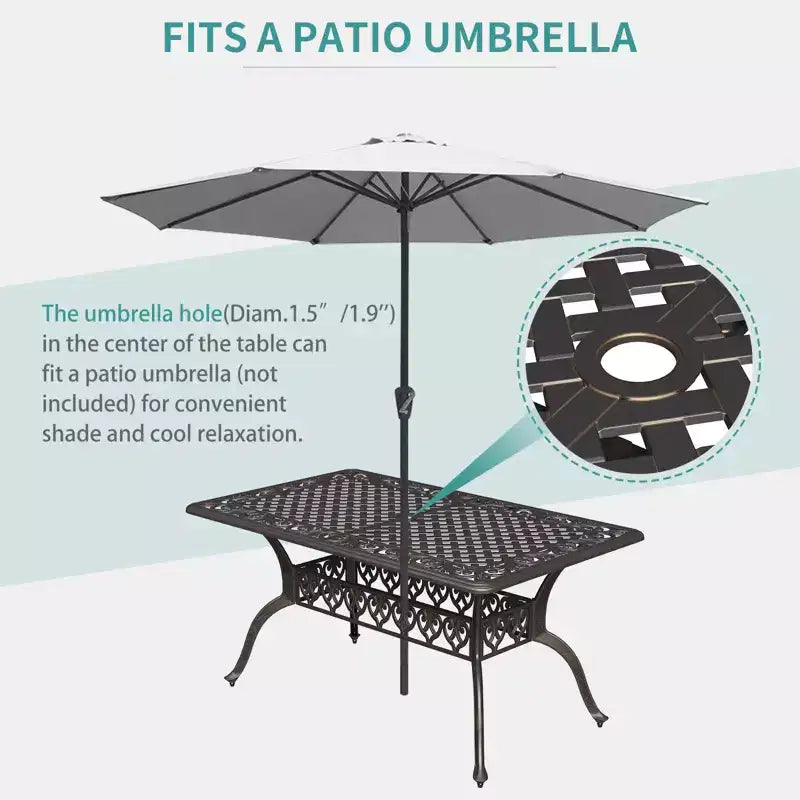 59x35 Outdoor Dining Table for 6, Cast Aluminum Patio Table with Umbrella Hole, Weather Resistant, for Garden, Backyard, Poolside, Vintage Bronze