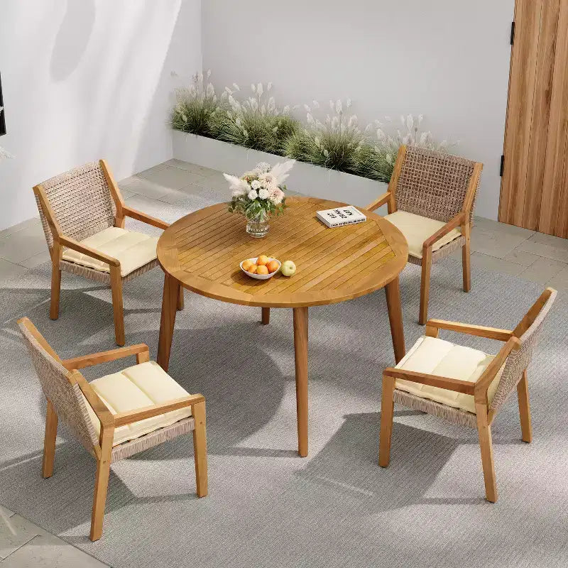 Christopher Knight Home Neva 5 Piece Outdoor Dining Set with Acacia Wood Table and Wicker Chairs
