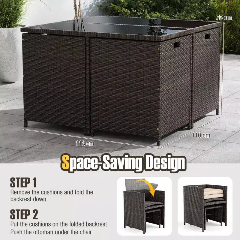 Costway 9 PCS Patio Dining Set with Tempered Glass Table & Ottoman Removable Cushions off-White/Beige