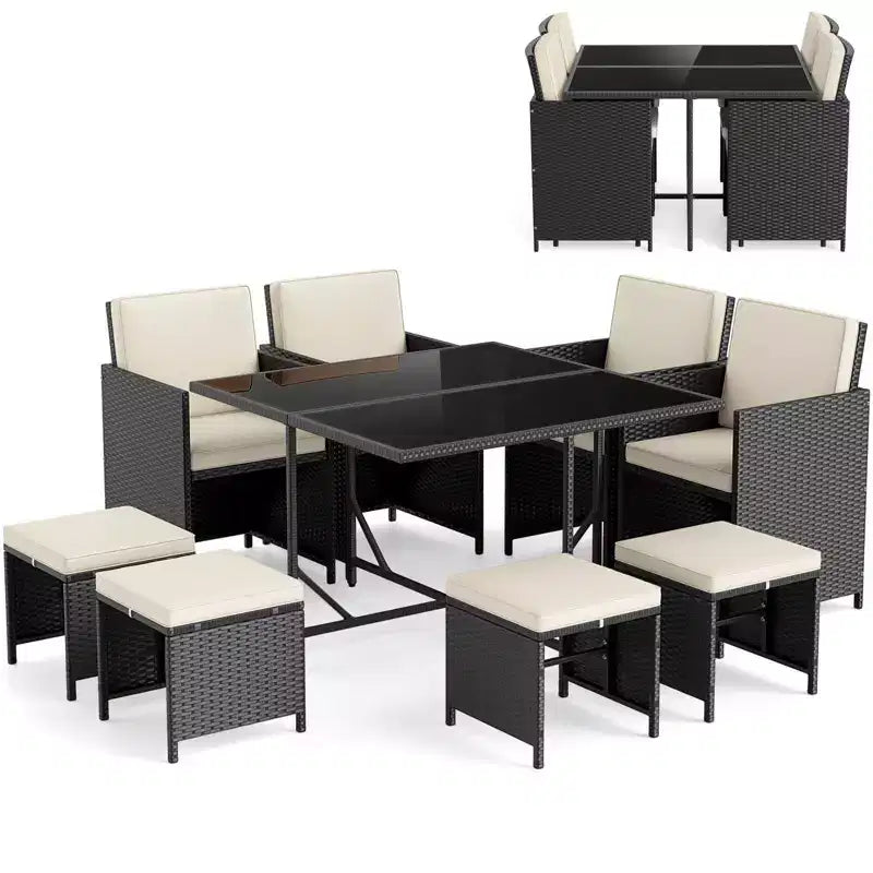 Costway 9 PCS Patio Dining Set with Tempered Glass Table & Ottoman Removable Cushions off-White/Beige