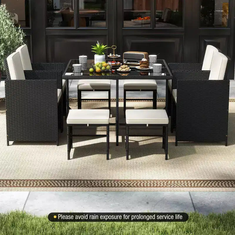 Costway 9 PCS Patio Dining Set with Tempered Glass Table & Ottoman Removable Cushions off-White/Beige