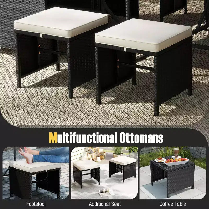 Costway 9 PCS Patio Dining Set with Tempered Glass Table & Ottoman Removable Cushions off-White/Beige