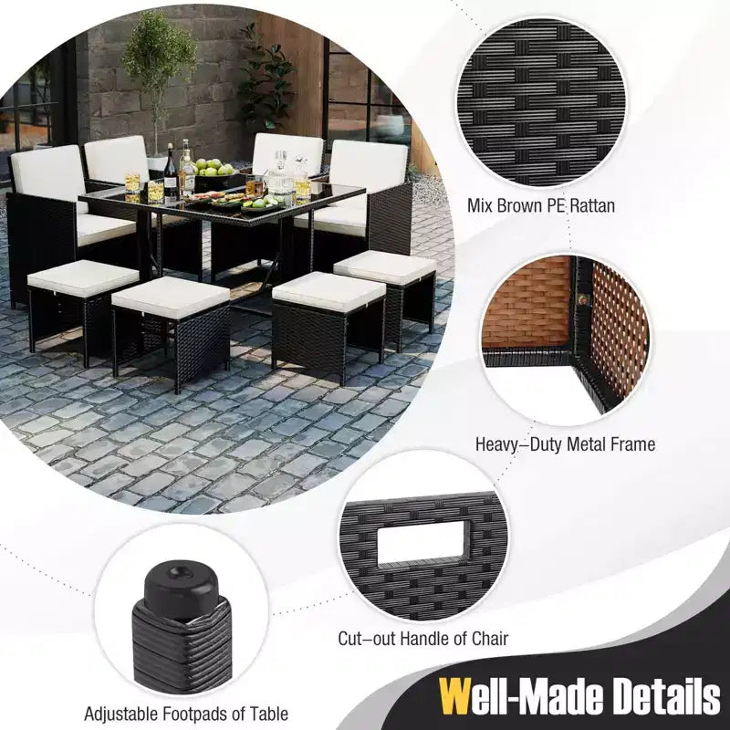 Costway 9 PCS Patio Dining Set with Tempered Glass Table & Ottoman Removable Cushions off-White/Beige