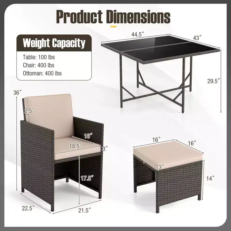 Costway 9 PCS Patio Dining Set with Tempered Glass Table & Ottoman Removable Cushions off-White/Beige