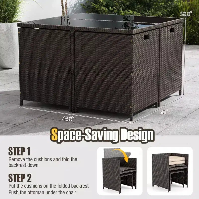 Costway 9 PCS Patio Dining Set with Tempered Glass Table & Ottoman Removable Cushions off-White/Beige
