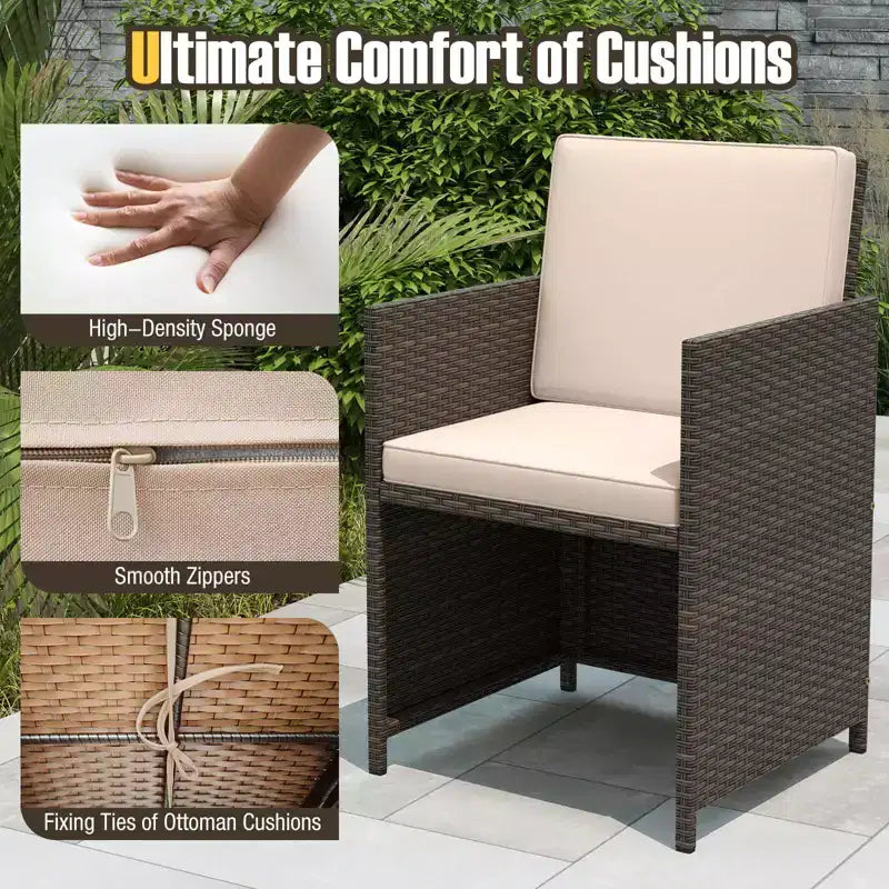 Costway 9 PCS Patio Dining Set with Tempered Glass Table & Ottoman Removable Cushions off-White/Beige