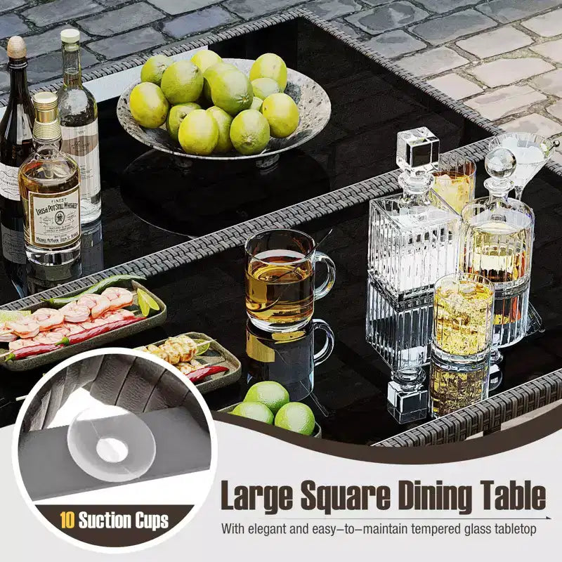 Costway 9 PCS Patio Dining Set with Tempered Glass Table & Ottoman Removable Cushions off-White/Beige