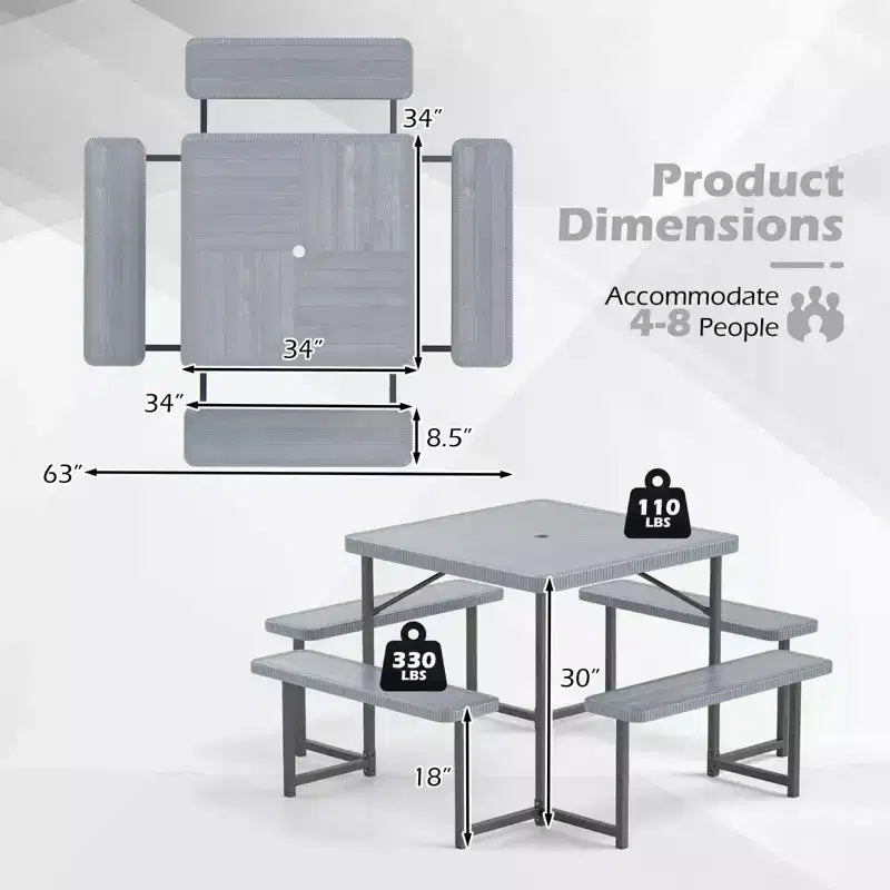 Costway Picnic Table Bench Set for 4-8 People with Umbrella Hole All-Weather HDPE Tabletop Black/Gray/Green/White