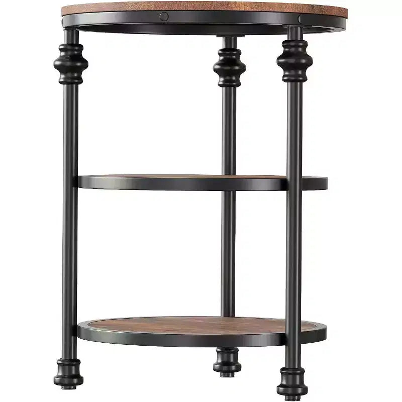 3-Tier Round Side Table, Living Room Accent Tables, Small Corner Table with Storage Shelves, Metal Legs, Industrial Night Stand for Bedroom, Brown