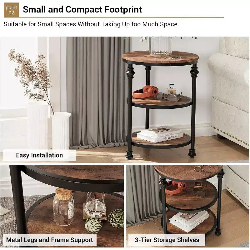 3-Tier Round Side Table, Living Room Accent Tables, Small Corner Table with Storage Shelves, Metal Legs, Industrial Night Stand for Bedroom, Brown