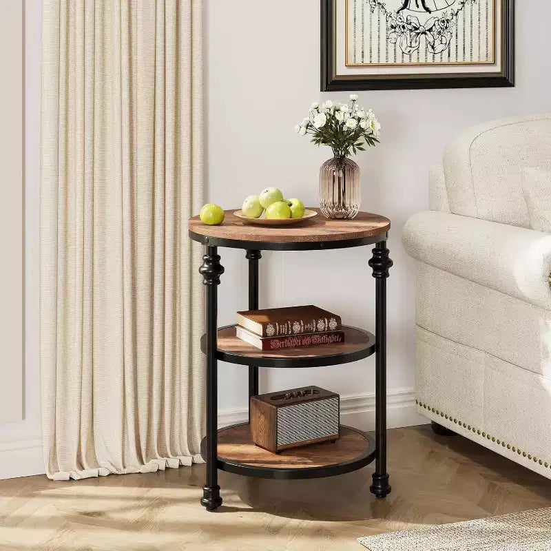 3-Tier Round Side Table, Living Room Accent Tables, Small Corner Table with Storage Shelves, Metal Legs, Industrial Night Stand for Bedroom, Brown