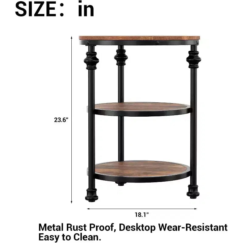 3-Tier Round Side Table, Living Room Accent Tables, Small Corner Table with Storage Shelves, Metal Legs, Industrial Night Stand for Bedroom, Brown