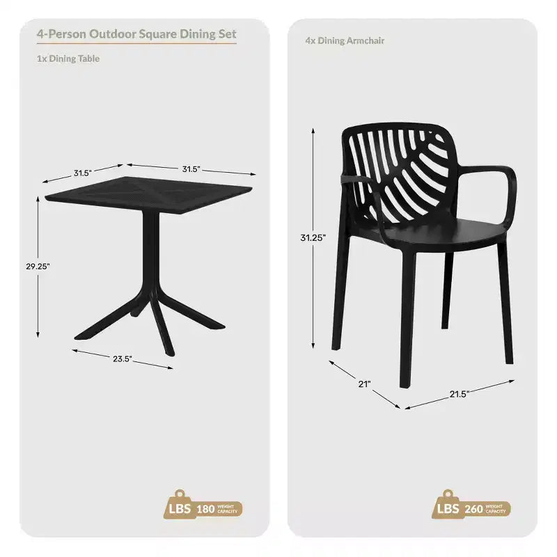 WestinTrends Playa 5-Piece Outdoor Resin Square Patio Dining Table Set with Modern Stackable Patio Dining Chairs
